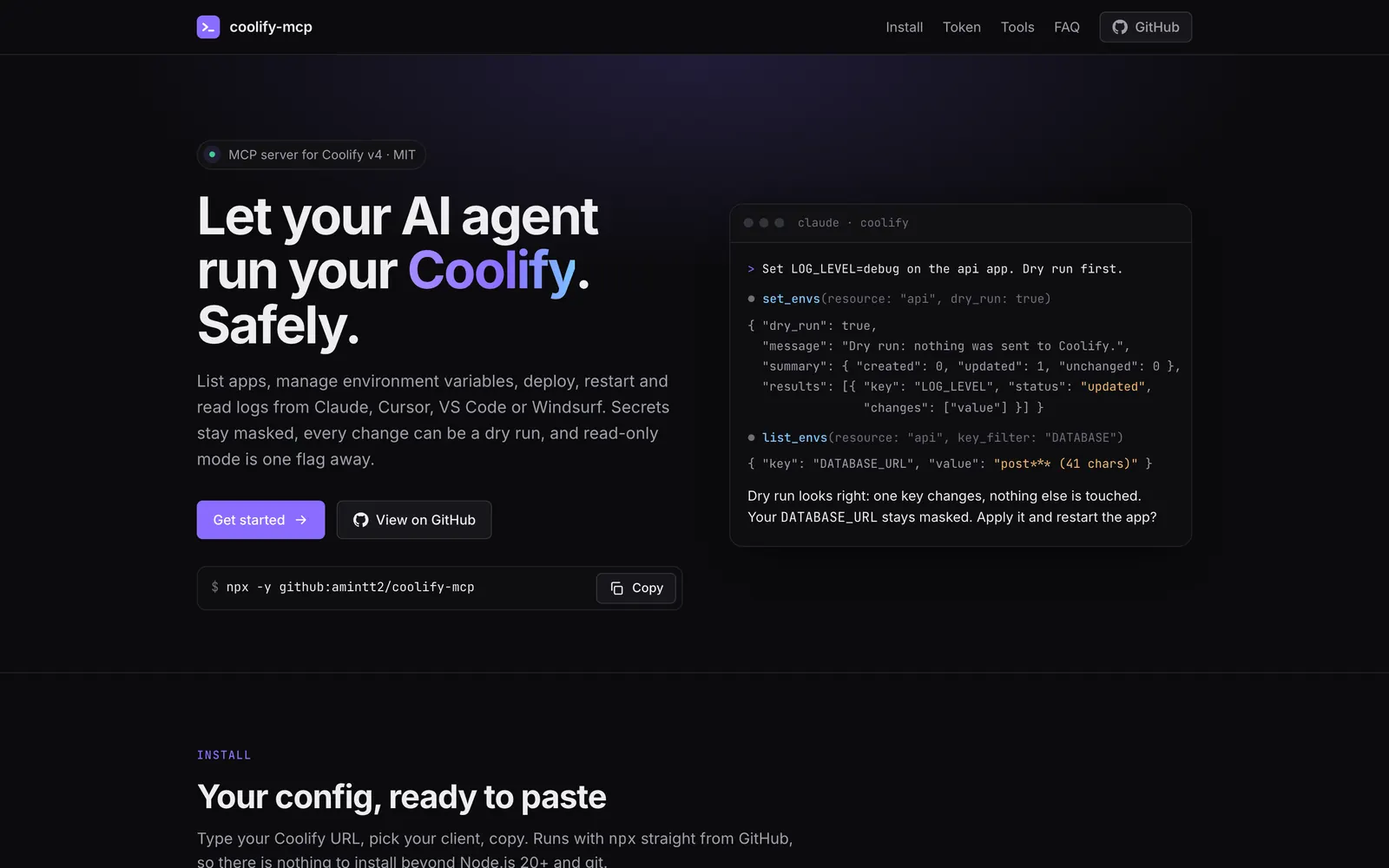 Site de coolify-mcp : « Let your AI agent run your Coolify. Safely. »