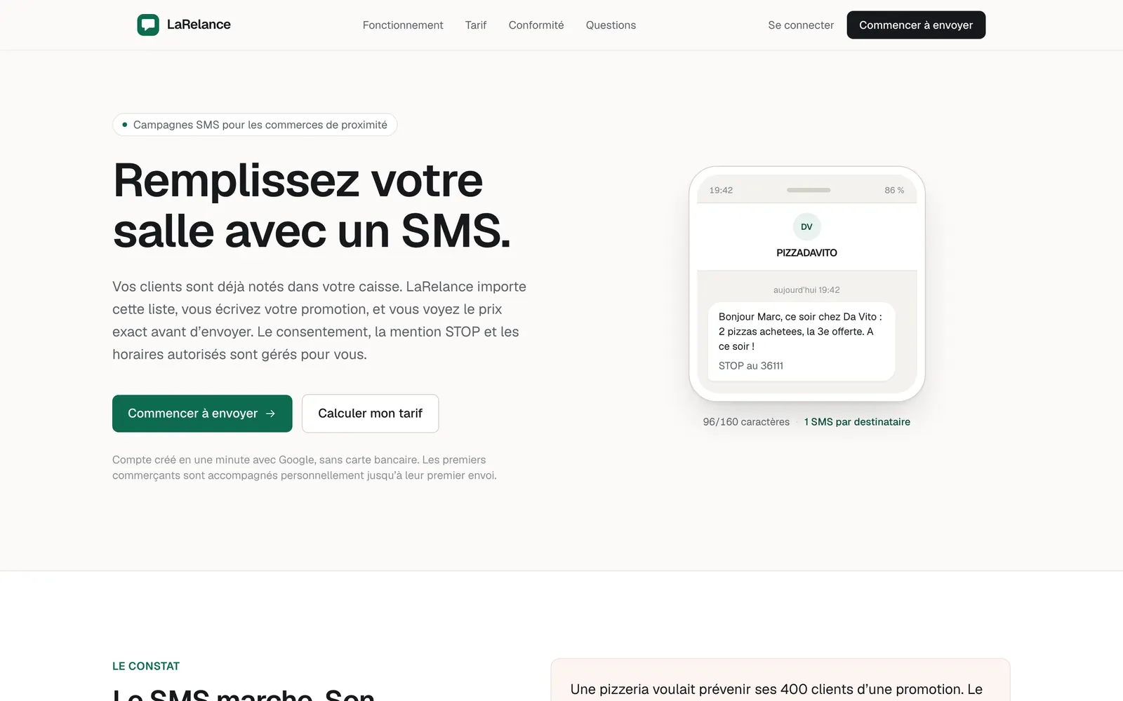 Page d'accueil de LaRelance : « Remplissez votre salle avec un SMS. »
