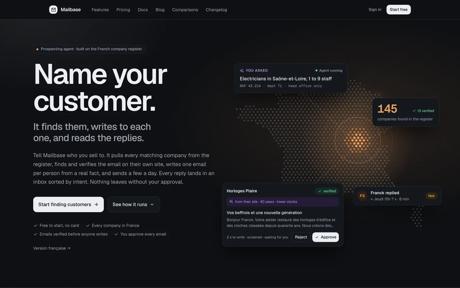Page d'accueil de Mailbase : « Name your customer. »