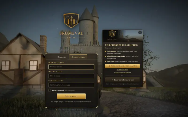 Brumeval Online : écran de connexion et launcher